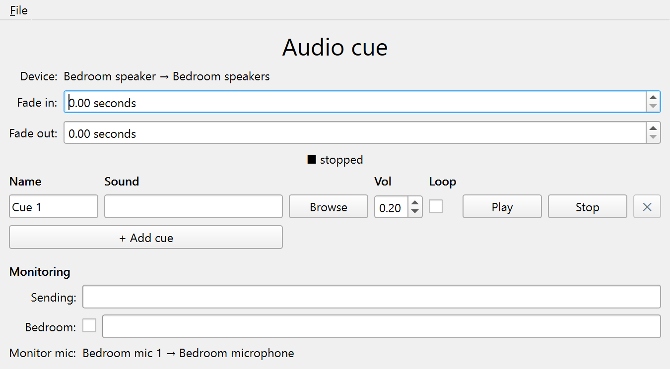 The Audio cue window: a cue row with its volume and loop controls, and the Monitoring section below.