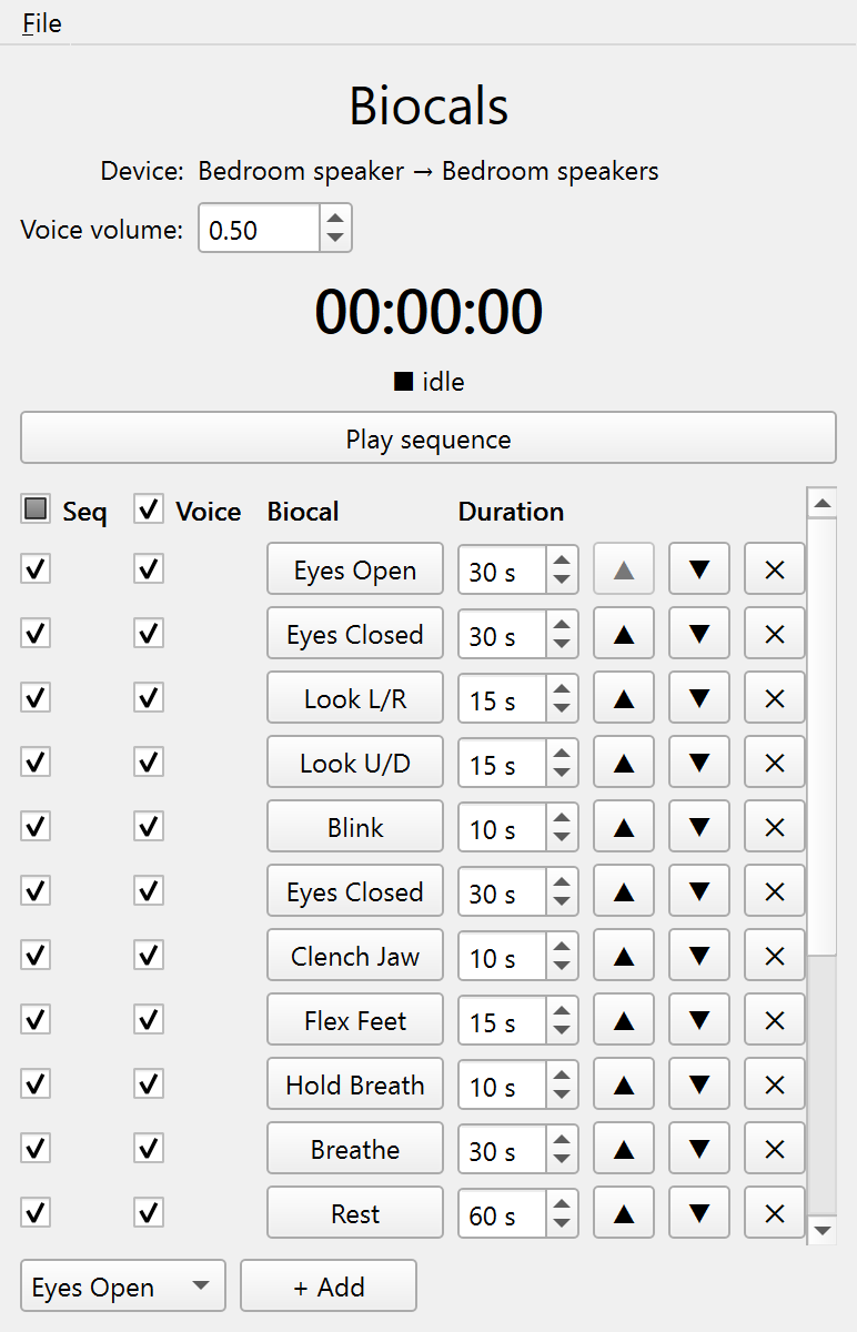The Biocals window: the countdown and Play sequence button above the scrolling stack of biocal rows, each with Seq/Voice checkboxes and a duration.