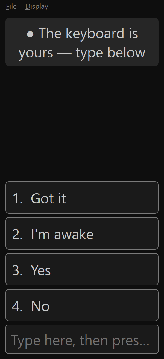 The Participant chat window: dark with large text, the 'The keyboard is yours' banner, and number-key quick replies.