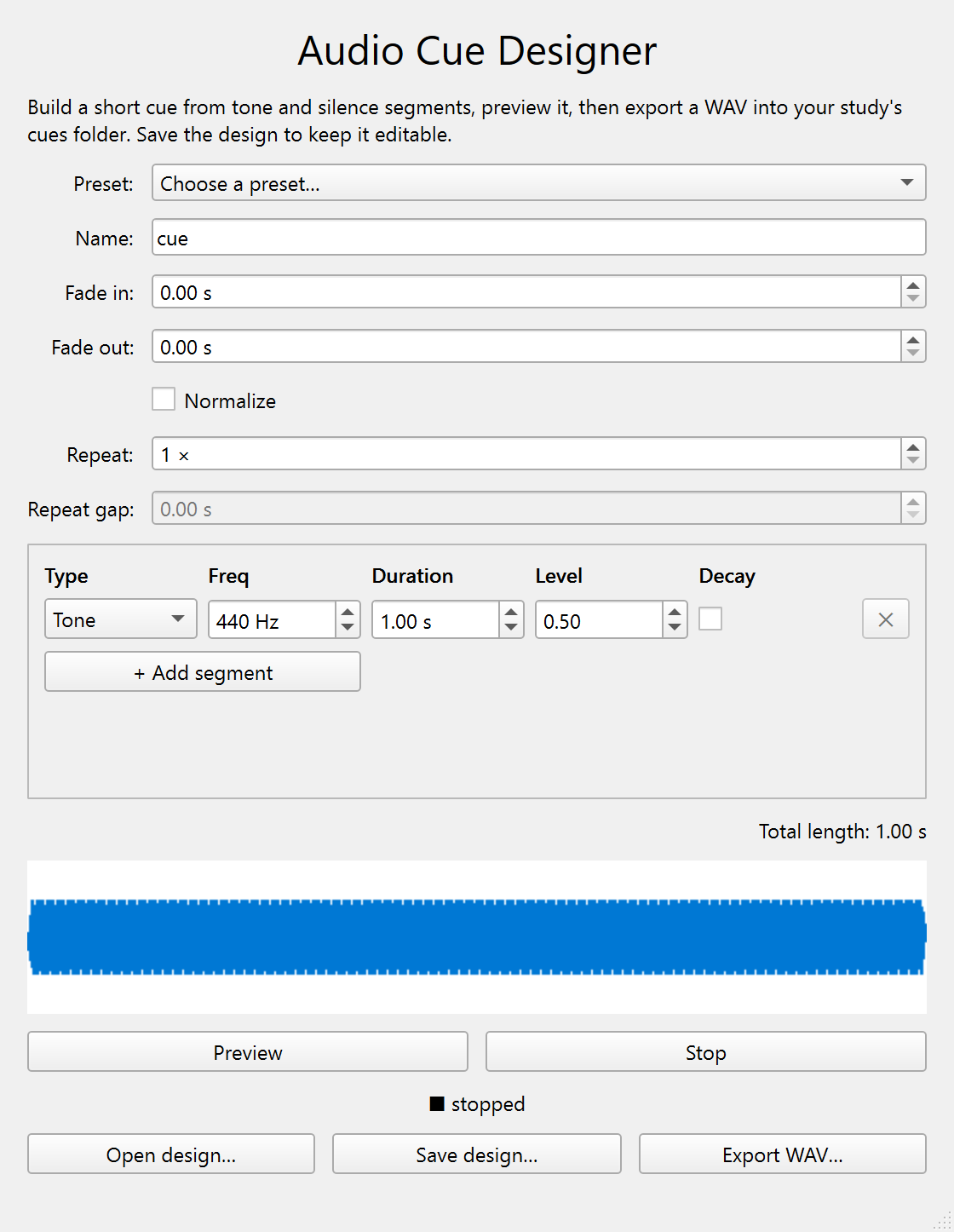 The Audio Cue Designer: tone and silence segments above a live waveform, with the Preview and Export WAV… buttons.