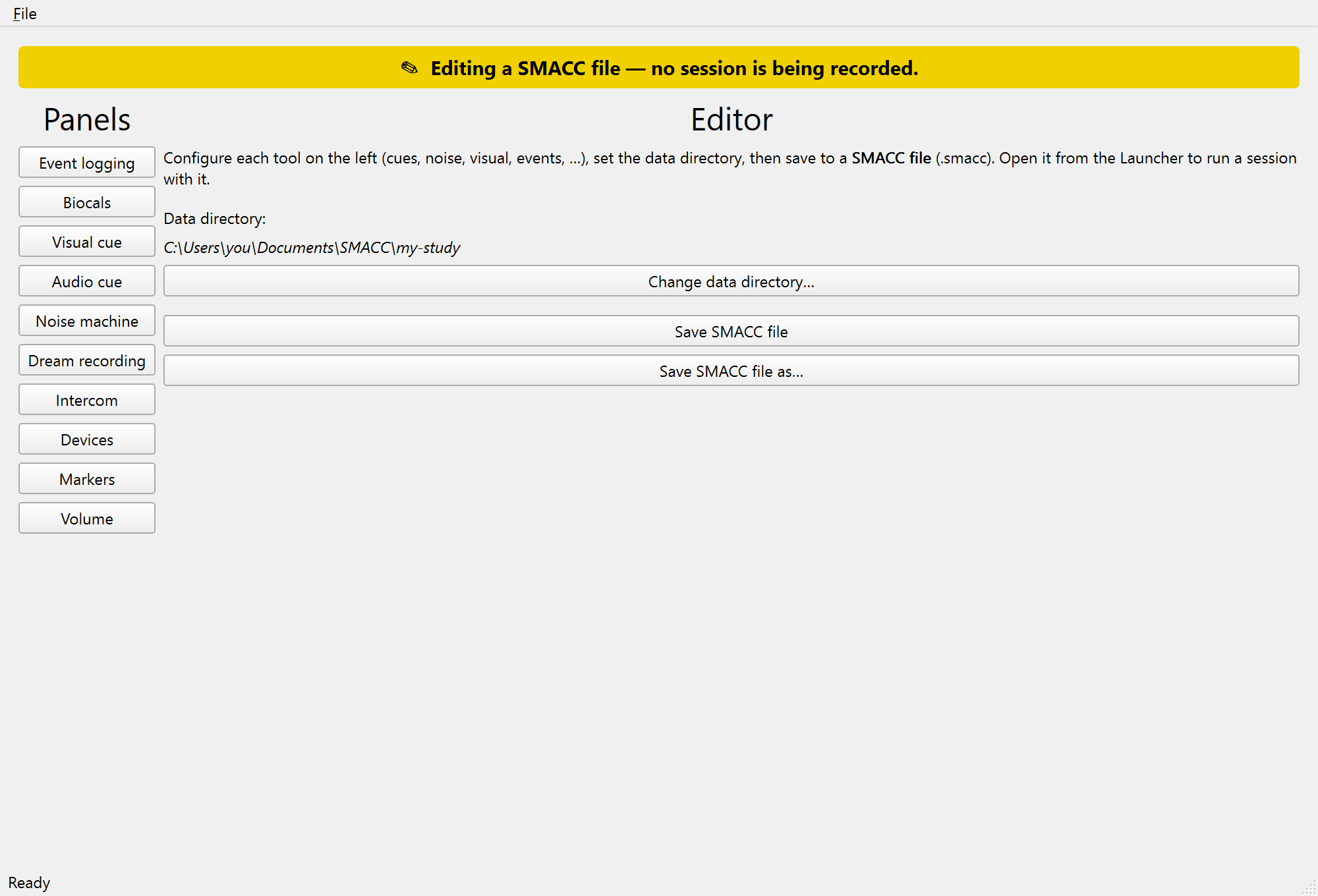 The SMACC Editor: the editing banner, the Panels column, the data directory, and the save panel.