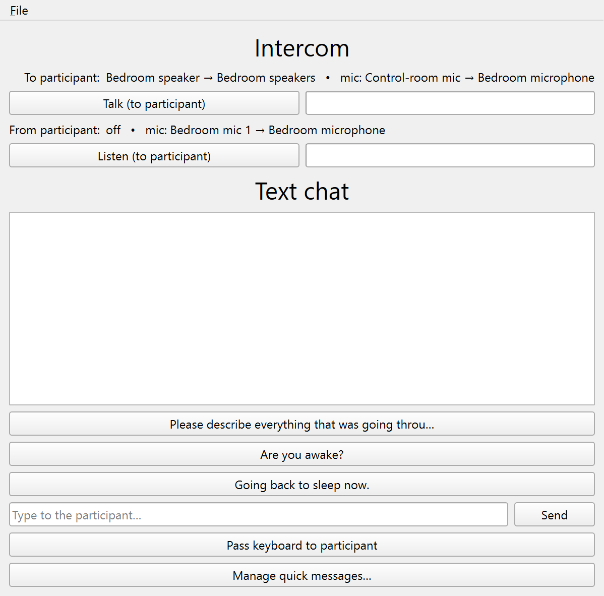 The Intercom window: Talk and Listen with their level meters, and the text-chat area with quick-reply buttons below.