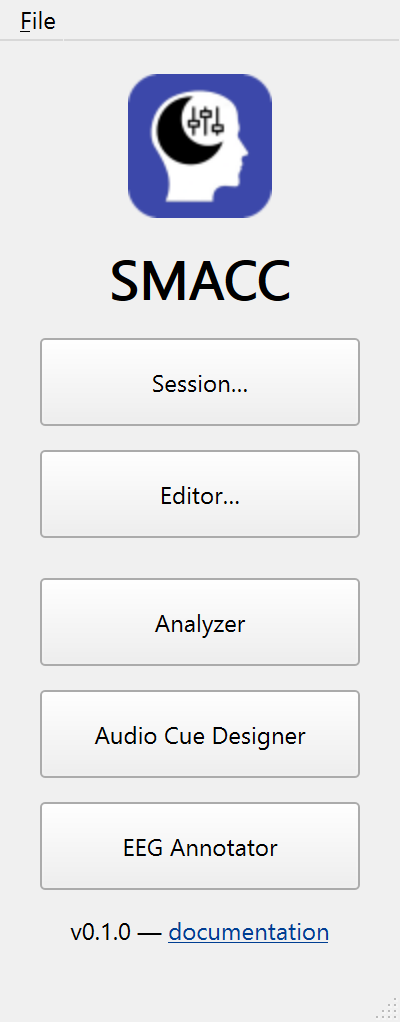 The SMACC Launcher: a button per tool, with the version and a documentation link.
