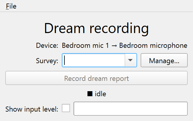 The Dream recording panel: the Record dream report button with the survey dropdown and Manage… button.