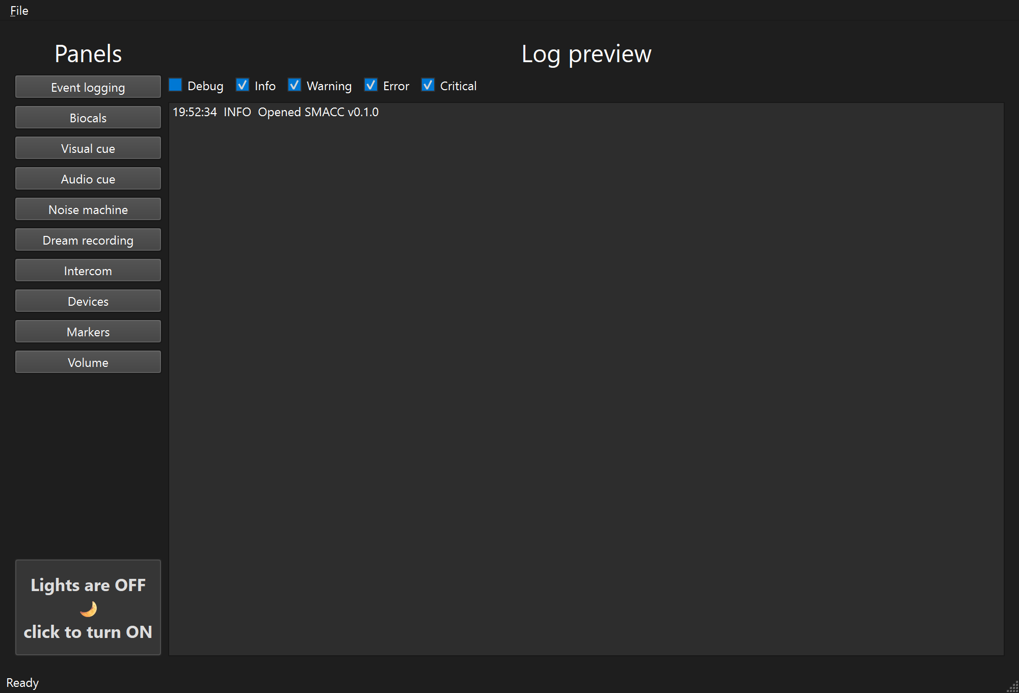 The Session window with the lights off: the same layout in SMACC's dark night theme.