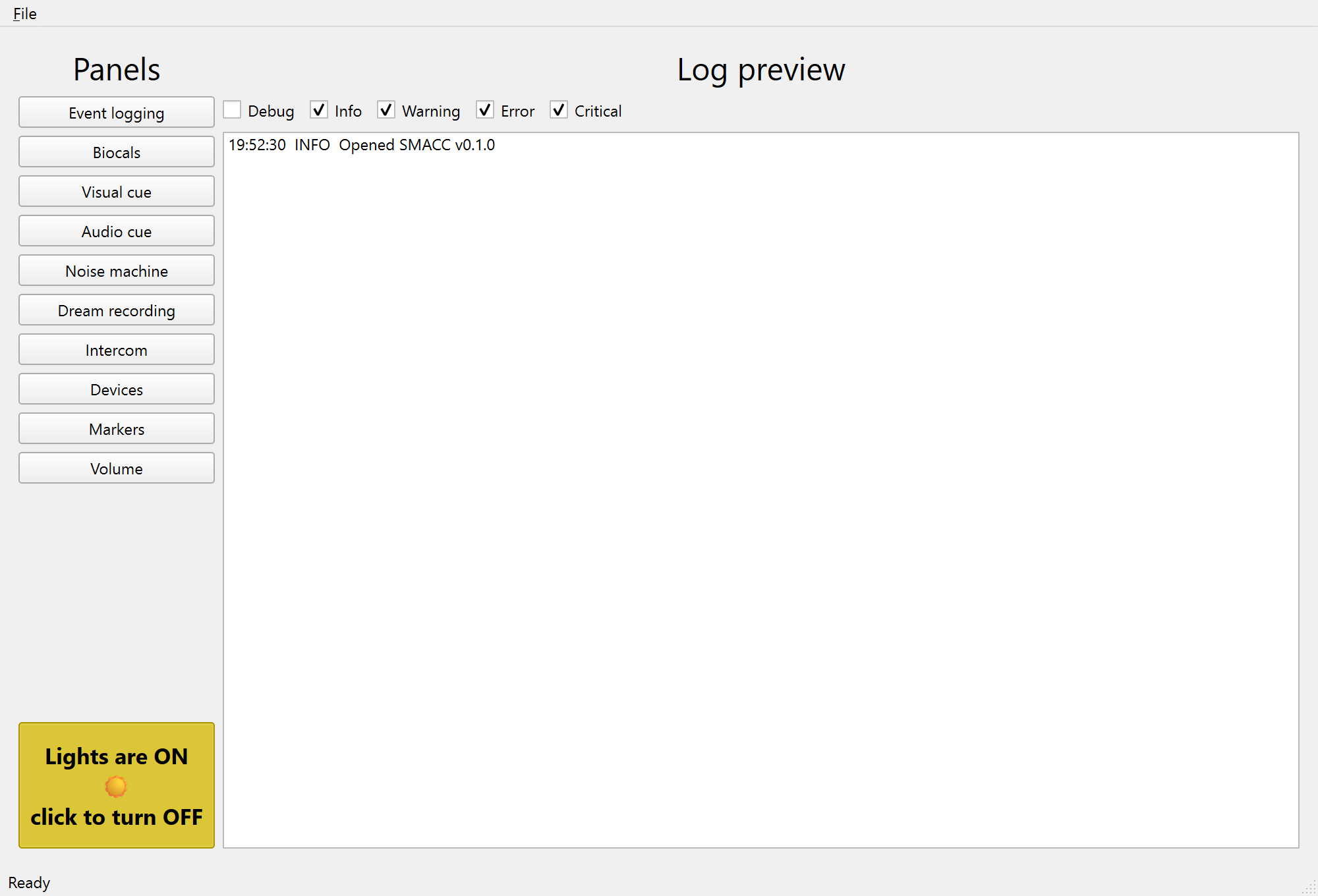 The Session window: the Panels column opens each tool, the Log preview streams events on the right, and the Lights toggle sits at the bottom-left.