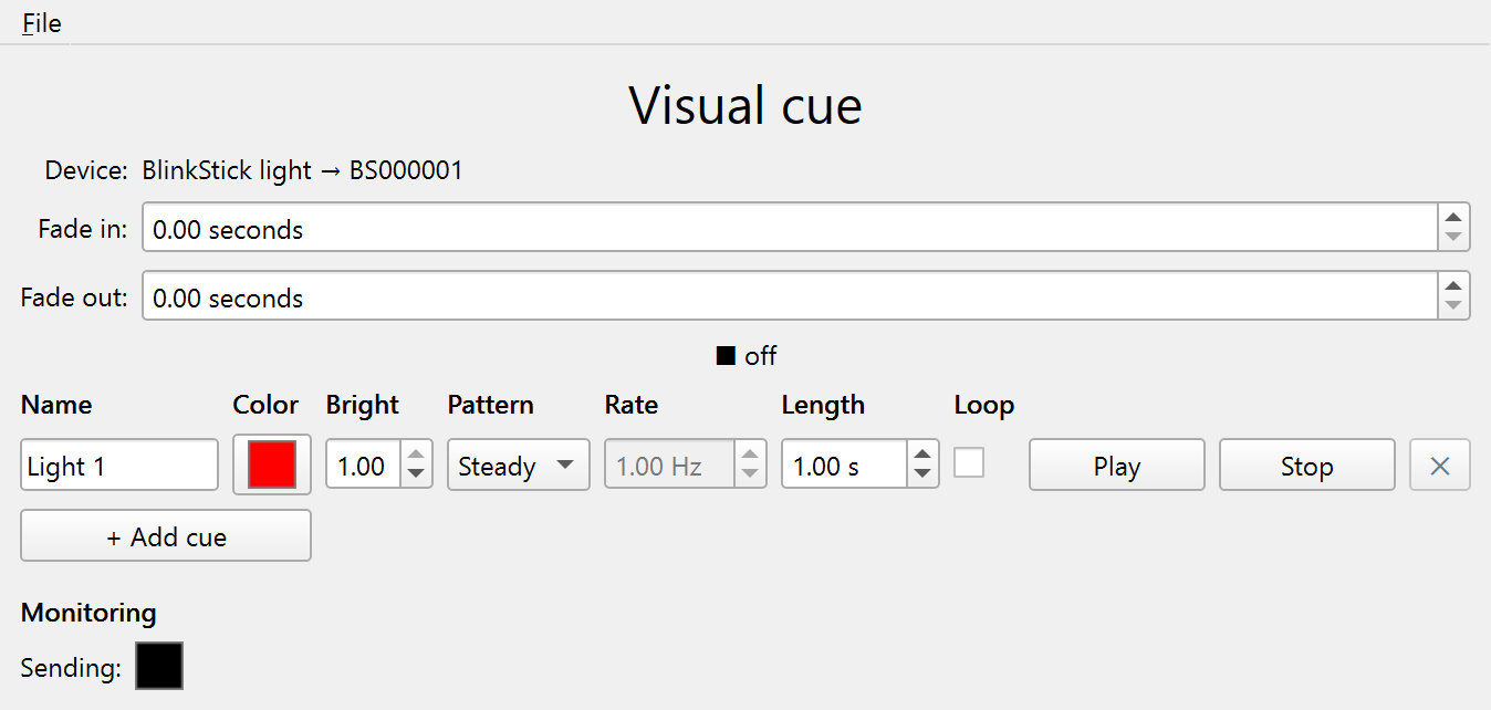 The Visual cue window: a cue row with its color, brightness, pattern, length, and loop controls, and the Sending swatch below.