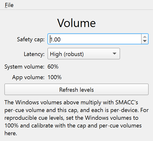 The Volume window: the safety cap, the latency choice, and the read-only System volume and App volume levels.